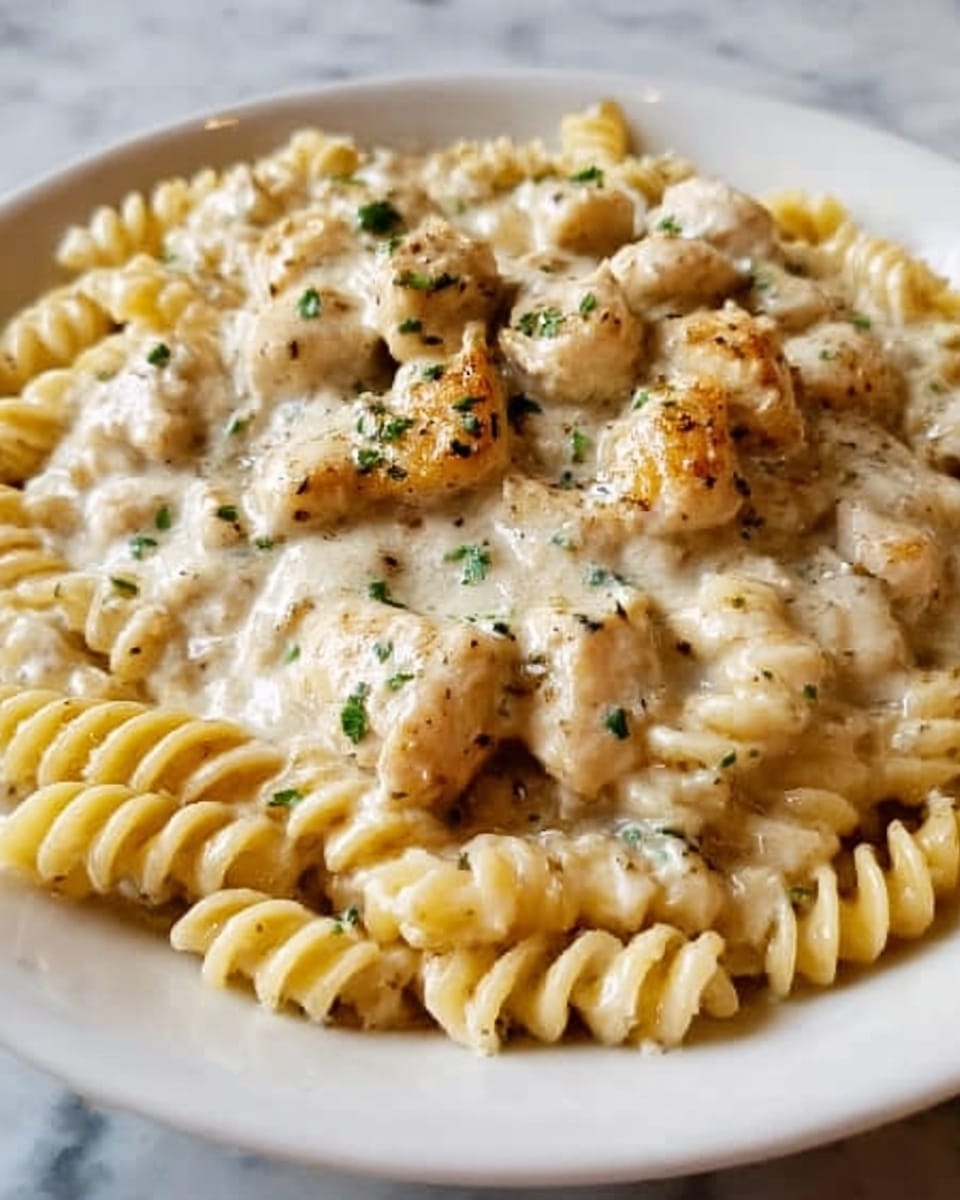 The image shows a plate of creamy chicken alfredo with rotini pasta. The bottom layer is the white sauce with a smooth, thick texture, covering the pasta that has a slightly yellow tone and spiral shape. On top, there are small chunks of cooked chicken with a white color and some golden brown spots, sprinkled with small green herb bits, possibly parsley. The dish is presented on a white plate, placed on a white marbled surface. photo taken with an iphone --ar 4:5 --v 7