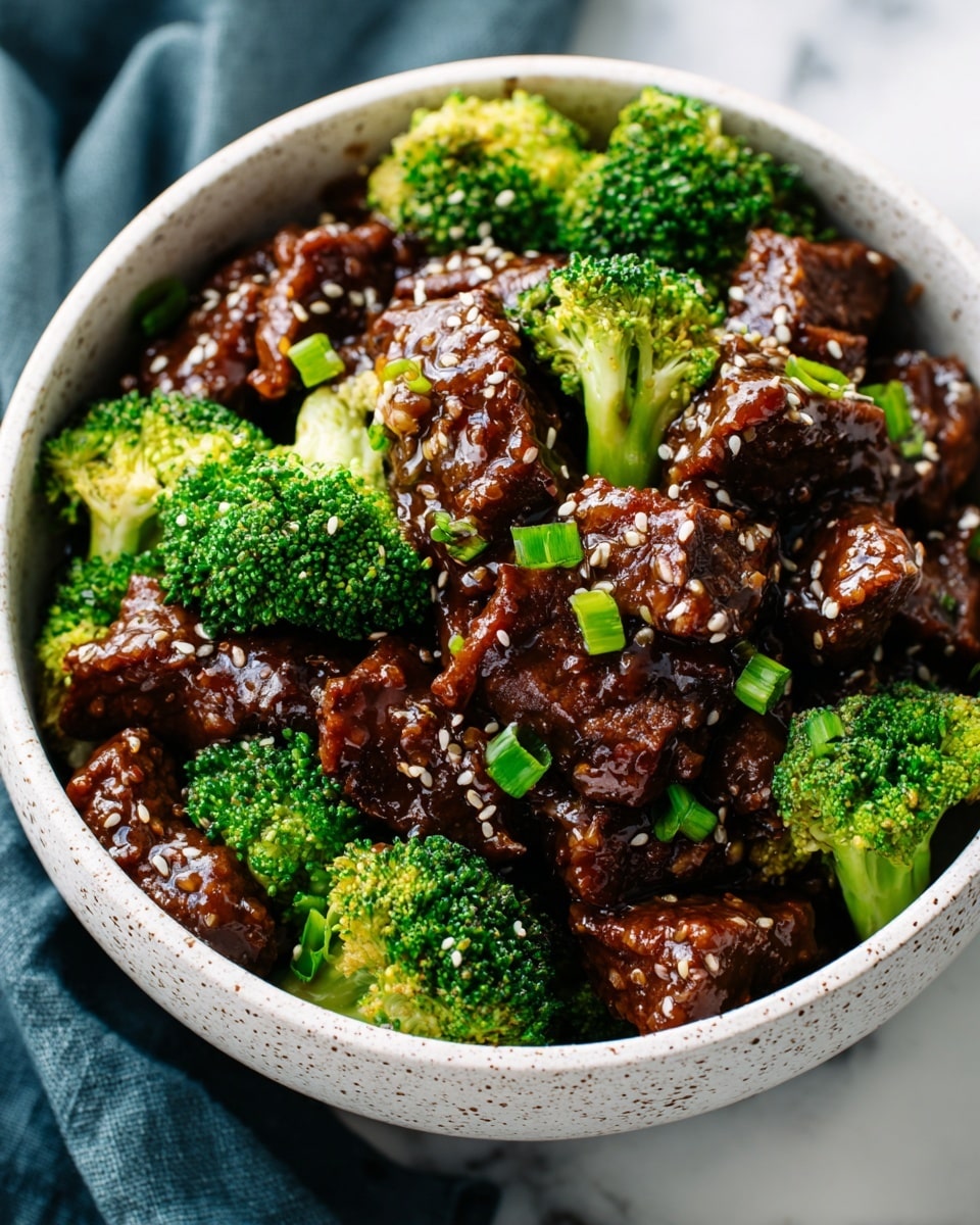 A round speckled bowl filled with glossy dark brown beef pieces coated in a thick sauce, mixed with bright green broccoli florets that add a fresh contrast. The beef pieces are layered throughout, covered in sesame seeds and small chopped green onions that add texture and color. The bowl sits on a white marbled surface with a soft gray cloth underneath it. photo taken with an iphone --ar 4:5 --v 7