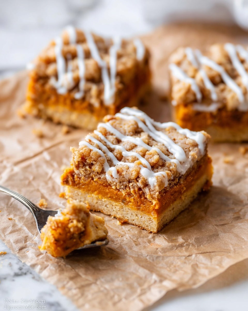 The image shows three square dessert bars placed on crinkled brown parchment paper over a white marbled surface. Each bar has three visible layers: the bottom layer is a light golden crust, the middle layer is a dense orange filling resembling pumpkin or sweet potato, and the top layer is a crumbly, golden brown streusel with visible nut pieces. White icing is drizzled in thin lines over the top, adding contrast. In the foreground, a spoon holds a small bite-sized piece of the dessert, emphasizing the soft texture of the filling. photo taken with an iphone --ar 4:5 --v 7