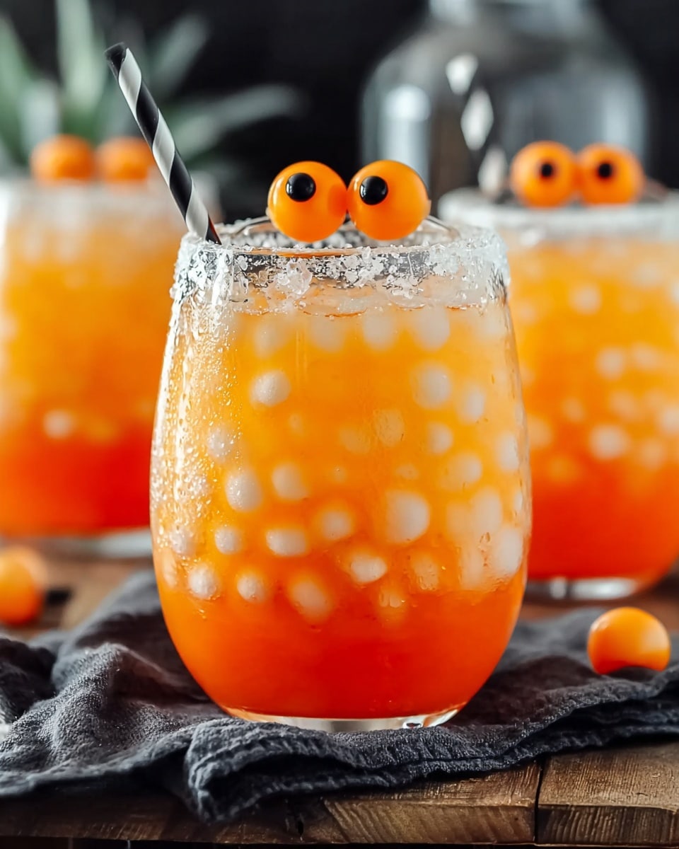A close-up view of a glass filled with an orange drink showing three visible layers: the bottom layer is a bright orange with many small round white ice cubes, the middle layer is a lighter orange blending softly upwards, and the top layer is a pale orange with crushed ice around the rim of the glass. The glass rim is coated with coarse salt, and two small orange spheres featuring two black dots each float on top, resembling eyes. A black and white striped straw comes out from the drink at an angle. The glass rests on a dark cloth over a wooden surface, with blurred similar glasses in the background against a dark backdrop. photo taken with an iphone --ar 4:5 --v 7
