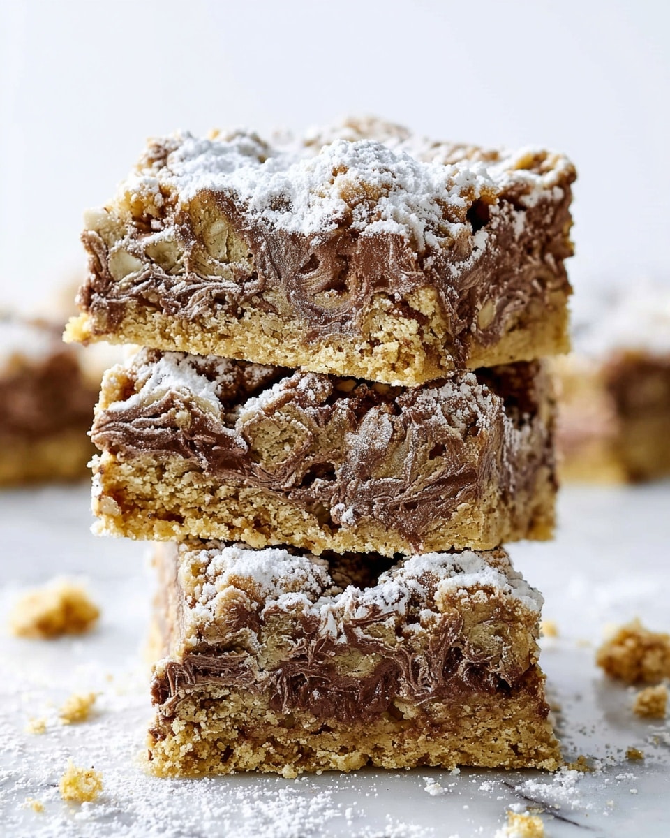 A close-up view of three stacked dessert bars with visible layers of crumbled oats and smooth chocolate mixed throughout, creating a textured, marbled effect. The top layer is dusted lightly with white powdered sugar, adding a fine, soft contrast to the rich brown and golden oat mix beneath. The bars have a slightly crumbly, dense texture with uneven edges, sitting on a white marbled surface with small crumbs scattered around. Photo taken with an iphone --ar 4:5 --v 7