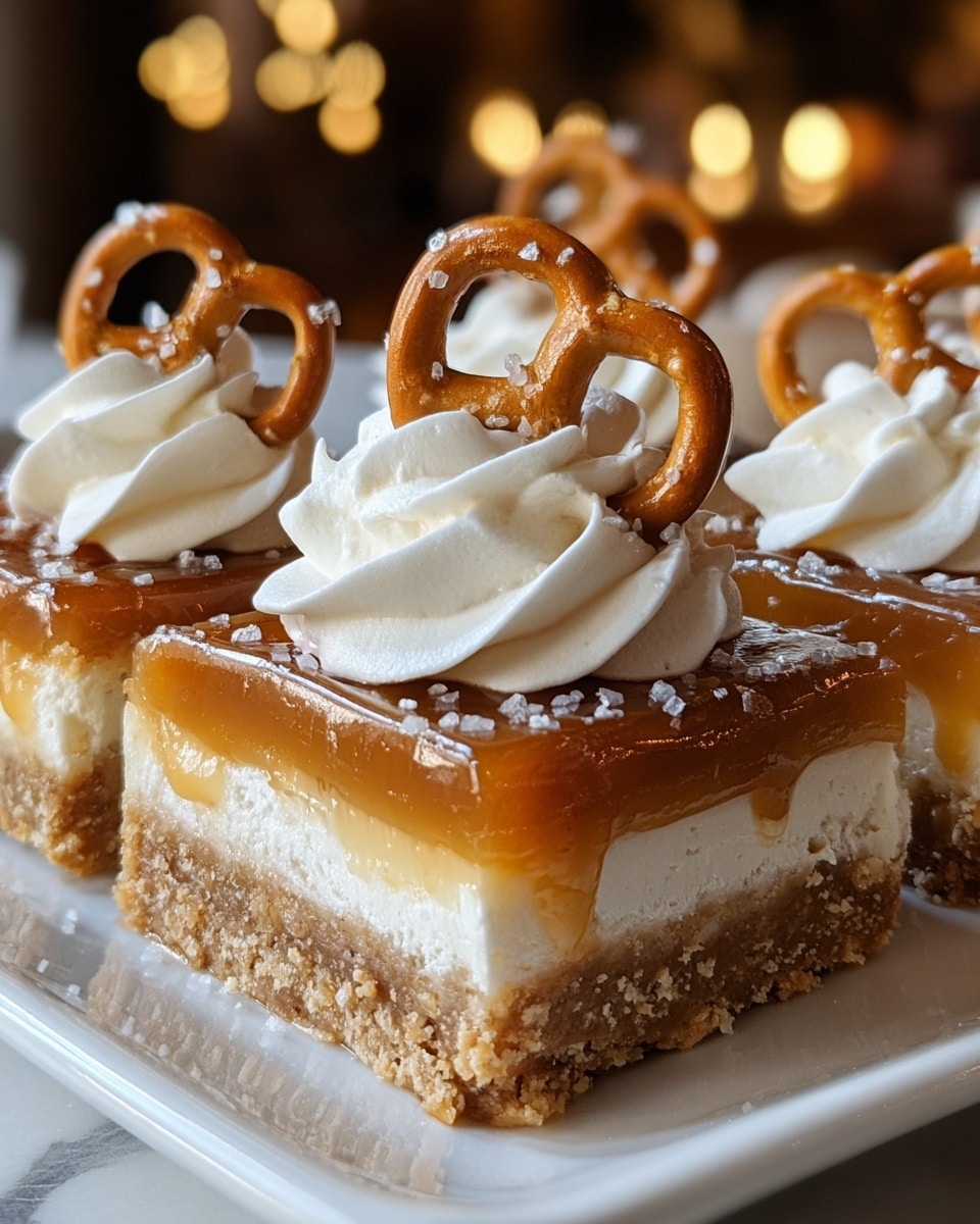 A close-up view of a dessert bar on a white plate, showing three clear layers: a thick, crumbly light brown crust on the bottom, a smooth creamy white middle layer, and a glossy caramel layer on top that drips slightly down the sides. Each dessert square is topped with a swirl of white whipped cream and a small, golden-brown pretzel sprinkled with coarse white salt. The background has a soft warm blur with lights, and the plate rests on a white marbled surface. photo taken with an iphone --ar 4:5 --v 7
