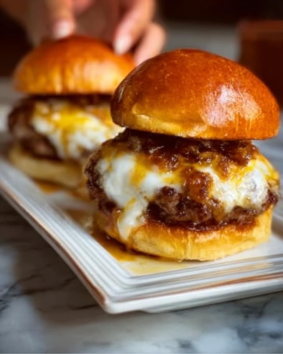 Two cheeseburgers sit side by side on a long white plate, placed on a white marbled surface. Each burger has a shiny golden brown bun on top. Below the bun is a layer of melted yellow and white cheese that drips down the sides of a thick, juicy beef patty with a slightly charred texture. Under the patty is a soft, lightly toasted bun bottom. The overall look is rich and gooey, with the cheese being the most eye-catching detail. Photo taken with an iphone --ar 4:5 --v 7