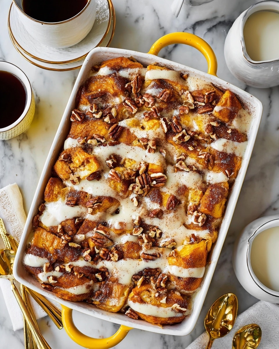 A warm baked dessert sits in a white rectangular pan with yellow handles. The dish has multiple layers starting with a soft, golden-brown base made of bread pieces. On top, there are swirled layers of cinnamon and sugar creating a rich brown color. Drizzled over the top is creamy white icing that runs unevenly across the surface. Scattered around are dark brown pecan halves adding texture and contrast to the soft bread and icing. The pan rests on a white marbled table, surrounded by white cups of coffee and white plates with gold cutlery. Photo taken with an iphone --ar 4:5 --v 7