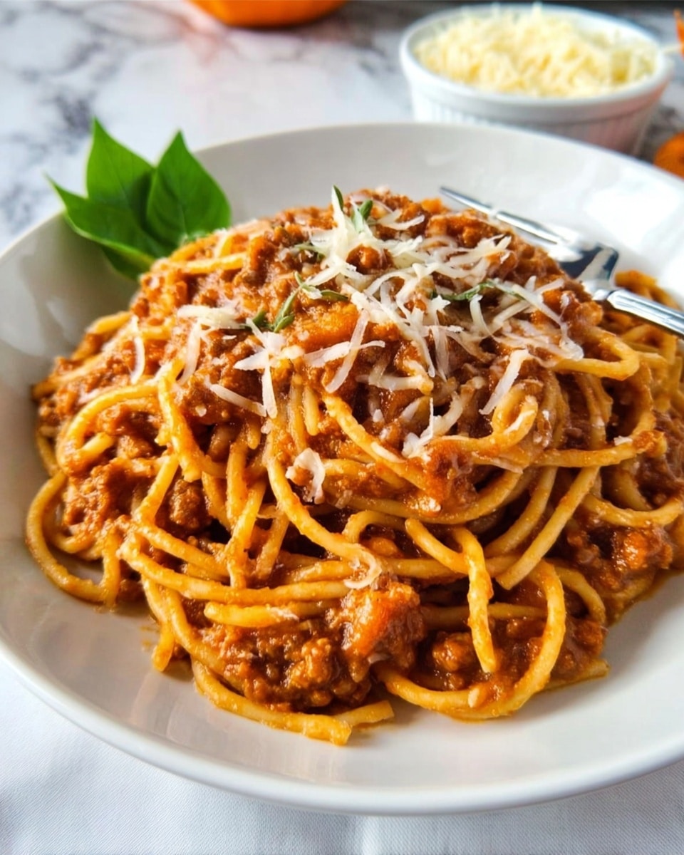 A white plate holds a serving of spaghetti mixed with a thick brown meat sauce that covers the noodles fully. The spaghetti strands are intertwined and coated with the sauce, giving it a rich texture. On top, there are fine white grated cheese shreds scattered evenly, adding a light contrast to the brown sauce. A fresh green leaf is placed on the side of the plate for decoration. A silver fork rests on the edge of the plate, partly under the noodles. The background is a white marbled texture with an out-of-focus small white bowl containing shredded cheese visible in the upper right. Photo taken with an iphone --ar 4:5 --v 7