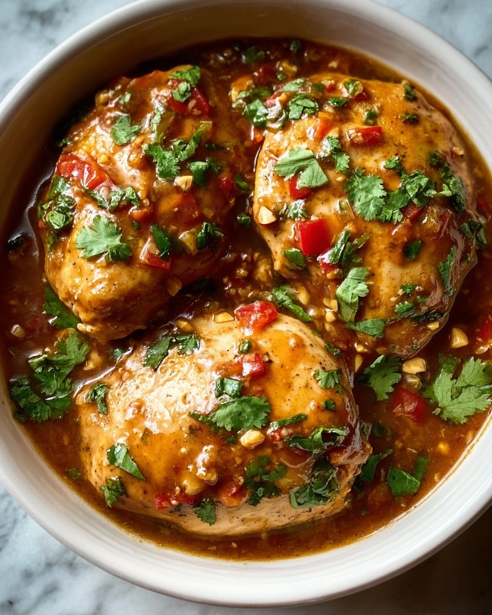 The dish shows three large chicken breasts covered in a thick, glossy brown sauce with visible small bits of red and green peppers and crushed nuts. The chicken pieces have a slightly golden hue and are garnished with fresh chopped green herbs scattered all over. The chicken sits in the sauce which fills the bowl almost to the rim, giving a rich and hearty look. The bowl is white with a thin dark line around the edge, placed on a surface with a white marbled texture. photo taken with an iphone --ar 4:5 --v 7