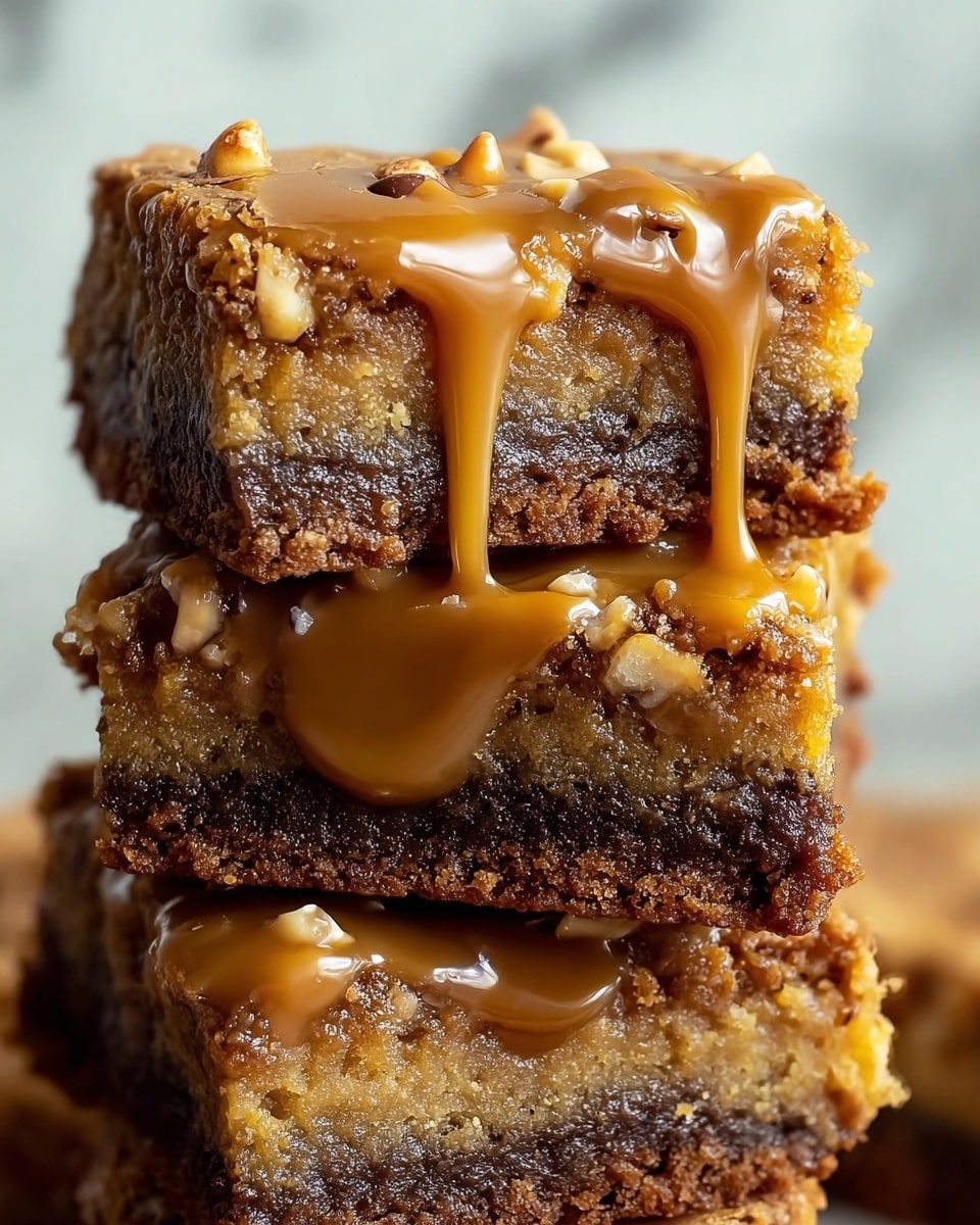 A close-up view of a stack of three gooey blondie bars, each bar showing three distinct layers: a dark brown bottom crust, a lighter golden-brown middle layer with a soft and crumbly texture, and a top layer covered in smooth, shiny caramel drizzle with small nuts embedded randomly. The caramel drips slightly over the edges of the bars, giving a rich and sticky look. The background is softly blurred with a white marbled texture. Photo taken with an iphone --ar 4:5 --v 7
