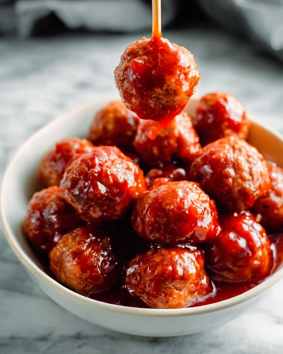 The image shows a white bowl filled with many round meatballs covered in shiny red sauce. One meatball is being held above the others by a bamboo skewer, making the sauce on it look thick and glossy with some small bits on the sauce. The meatballs look juicy and cooked well with a slightly rough texture, and the bowl is placed on a white marbled surface. photo taken with an iphone --ar 4:5 --v 7