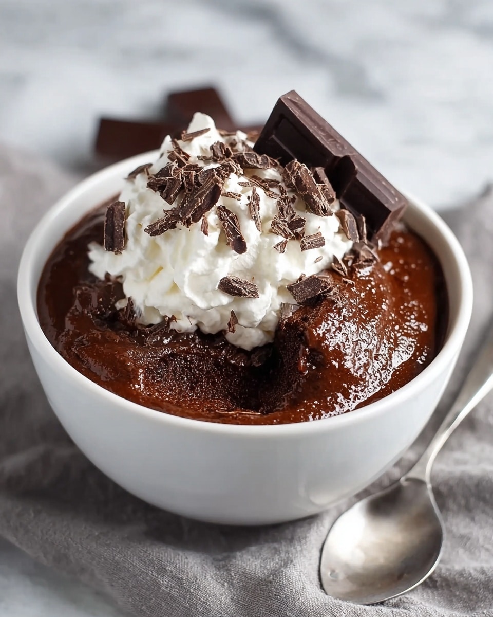A white bowl holds a rich dark brown chocolate mousse with a glossy and slightly textured surface. On top, there is a layer of soft, white whipped cream that looks light and fluffy, crowned with small, uneven pieces of dark chocolate scattered across. A larger chunk of dark chocolate rests partially on the mousse and whipped cream. The bowl sits on a light gray cloth on a white marbled surface, and a silver spoon lies next to it. Photo taken with an iphone --ar 4:5 --v 7