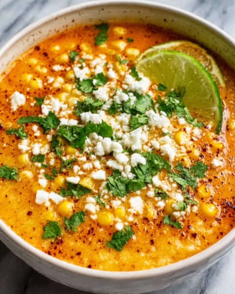 A white bowl filled with yellow corn soup topped with chopped green herbs, white crumbled cheese, and red chili flakes. A green lime wedge sits on the edge of the bowl. The bowl is on a white marbled surface showing part of a woman's hand holding the bowl from the side. The soup looks creamy with small yellow corn kernels visible. Photo taken with an iphone --ar 4:5 --v 7