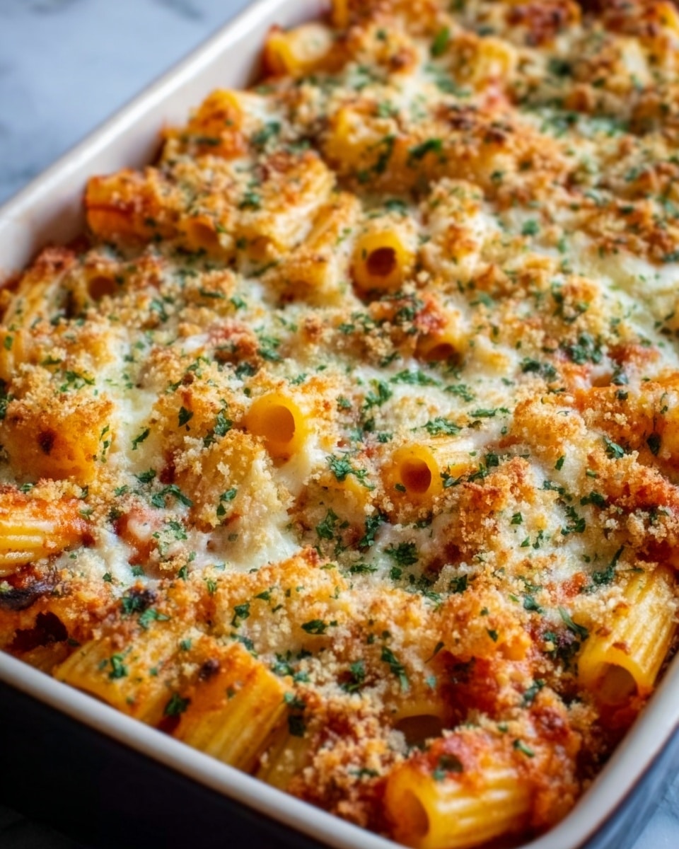 A close-up of a baked pasta dish served in a white rectangular baking pan, showing a single thick layer of tube-shaped pasta pieces covered evenly with melted, golden brown cheese that has slightly crispy edges. The cheese topping is sprinkled with bright green chopped herbs, adding a fresh contrast to the warm colors of the baked pasta. The dish sits on a white marbled surface, and you can see the textured pasta beneath the cheese. photo taken with an iphone --ar 4:5 --v 7