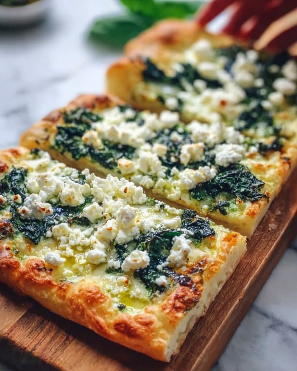 The image shows a rectangular pizza with a thick golden crust, slightly puffed and crispy around the edges. It has two main layers of toppings: the first is a spread of melted white cheese mixed with cooked dark green spinach, unevenly covering the pizza. On top of this, there are small chunks of crumbly white cheese scattered all over, creating a textured look. The pizza rests on a wooden board, and a woman's hand is reaching from the top right corner, slightly touching the edge. The background is a white marbled surface. Photo taken with an iphone --ar 4:5 --v 7