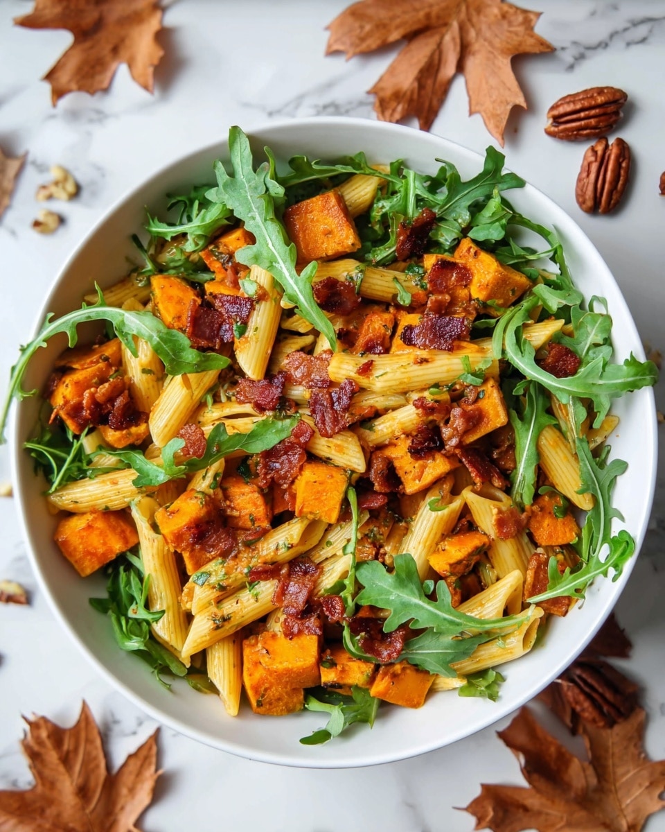 A white bowl filled with three main layers: the bottom layer is fresh green arugula leaves with a soft texture and jagged edges, the middle layer is penne pasta in a light yellow color with a smooth surface, and the top layer is made of small orange cubes of roasted sweet potato and crispy browned bacon bits, all sprinkled with black pepper. The bowl sits on a white marbled surface scattered with dry brown autumn leaves and a few pecan nuts nearby. Photo taken with an iphone --ar 4:5 --v 7