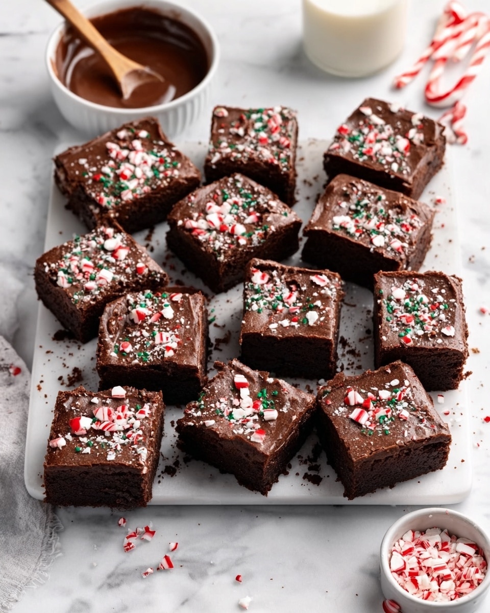 The image shows 15 square brownies with a rich, dark brown chocolate layer as the base. Each brownie is topped with a thin layer of smooth chocolate frosting, sprinkled with crushed white and red peppermint candy pieces scattered unevenly on top. The brownies are arranged neatly in three rows on a white plate, placed on a white marbled surface. Some crumbs and candy pieces are scattered loosely around the plate, adding texture. Nearby, there is a small bowl of melted chocolate with a wooden spoon resting inside and a glass of milk partially visible. photo taken with an iphone --ar 4:5 --v 7