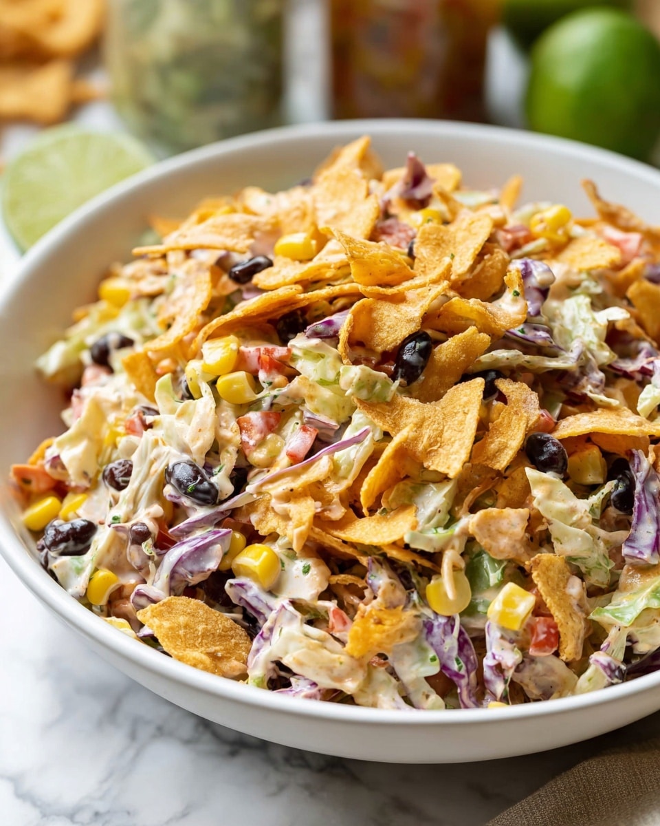 The dish is a colorful salad served in a white bowl, showing multiple layers mixed together. The base layer contains shredded cabbage with a white and light green texture. Mixed throughout are bright yellow corn kernels and black beans that add dark purple and yellow spots across the salad. Small pieces of green peppers and diced red tomatoes are distributed evenly, adding splashes of green and red color. On top, there are crunchy orange, wavy chips that sit unevenly, giving a textured look. The salad is lightly coated with a creamy dressing that binds everything together. In the background, a halved lime and a small jar with a creamy sauce sit on a white marbled surface. The photo taken with an iphone --ar 4:5 --v 7