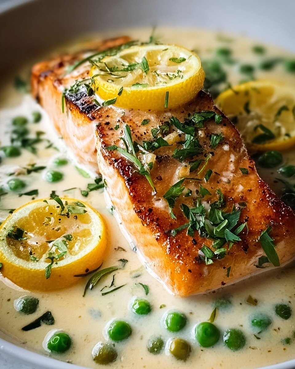 Two thick, grilled salmon fillets with a golden-brown crust lie in a pool of creamy light sauce. The sauce has small green olives scattered on and around the fish, with finely chopped green herbs sprinkled over everything. Bright yellow lemon wedges are placed at the edges, adding contrast to the dish. The food is shown on a white plate, and the background is a white marbled texture. photo taken with an iphone --ar 4:5 --v 7