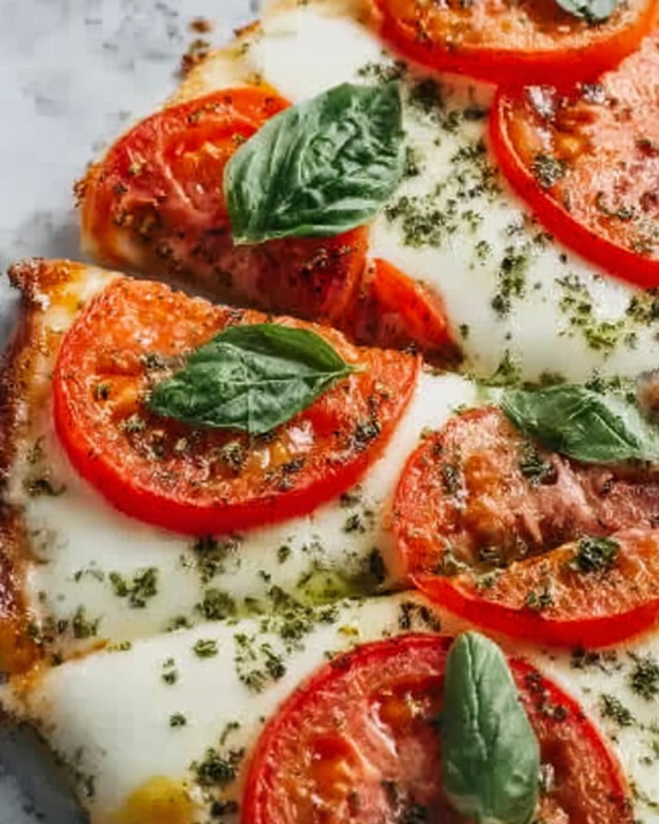 A close-up view of a dish with a white marbled surface showing a topping of melted, creamy white cheese spread evenly in one layer. Bright red tomato slices, each cut horizontally, are placed on top, spaced evenly across the cheese. Dark green basil leaves, fresh and smooth, are scattered between the tomato slices. The dish is sprinkled with small black dried herb bits, giving texture and color contrast on the white cheese base. photo taken with an iphone --ar 4:5 --v 7