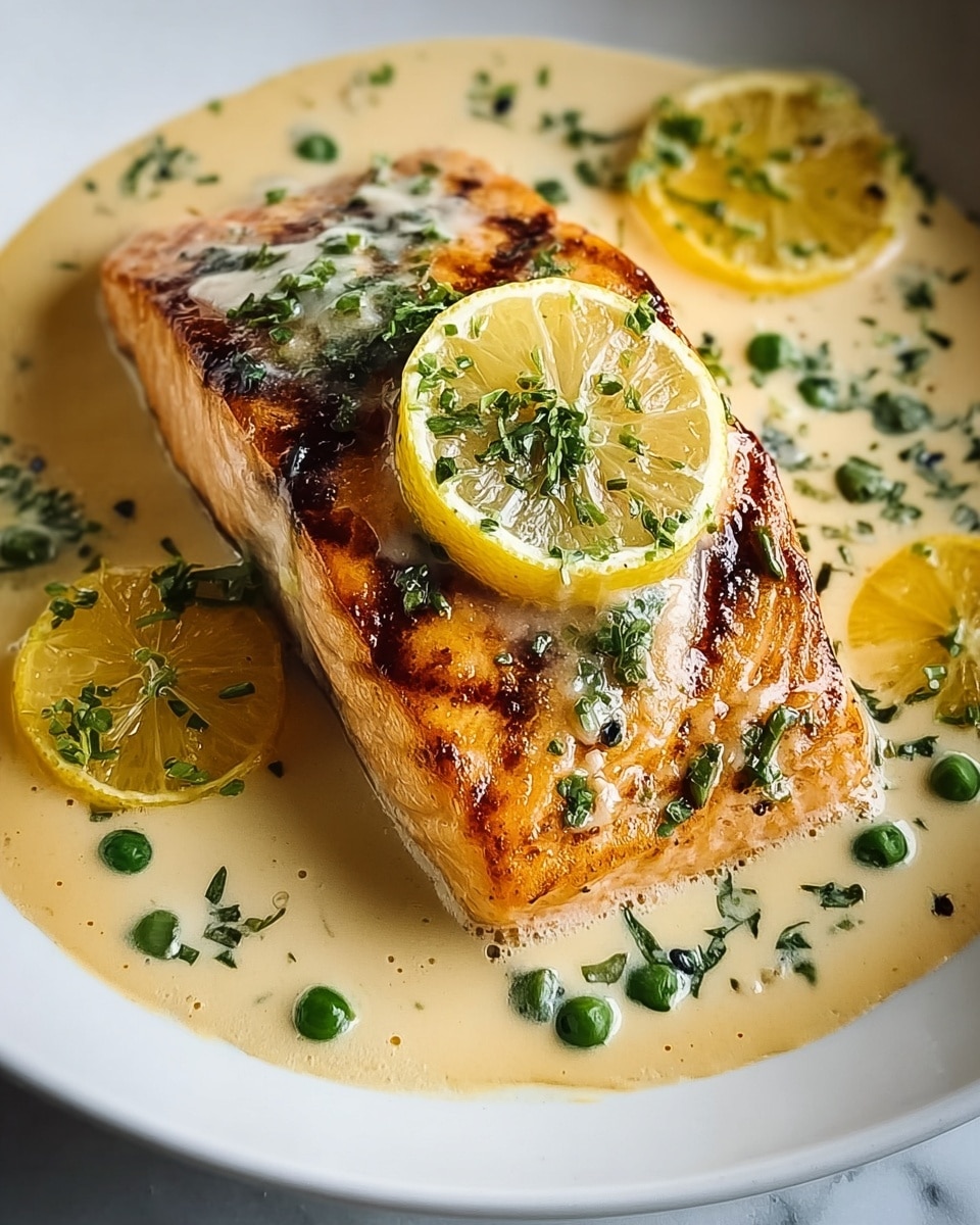 A thick piece of cooked salmon with a golden brown grilled surface layer lies at the center of a white bowl, covered partially by a creamy light beige sauce with a smooth texture. On top of the salmon, there are small green peas and finely chopped green herbs sprinkled evenly. There are three small bright yellow lemon halves resting on and around the salmon, adding a fresh, juicy look. The sauce surrounds the salmon completely, adding a glossy finish. The background surface is a white marbled texture. Photo taken with an iphone --ar 4:5 --v 7