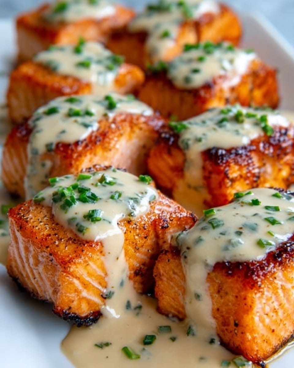 The image shows several pieces of cooked salmon, each cut into thick, round chunks with a slightly crispy and browned outside. Each piece is topped with a light beige creamy sauce that drips gently down the sides, sprinkled with chopped green herbs for color contrast. The salmon has a rich orange-pink color with visible grill marks, and the texture looks tender and juicy. The dish is set on a white plate placed on a white marbled surface. Photo taken with an iphone --ar 4:5 --v 7