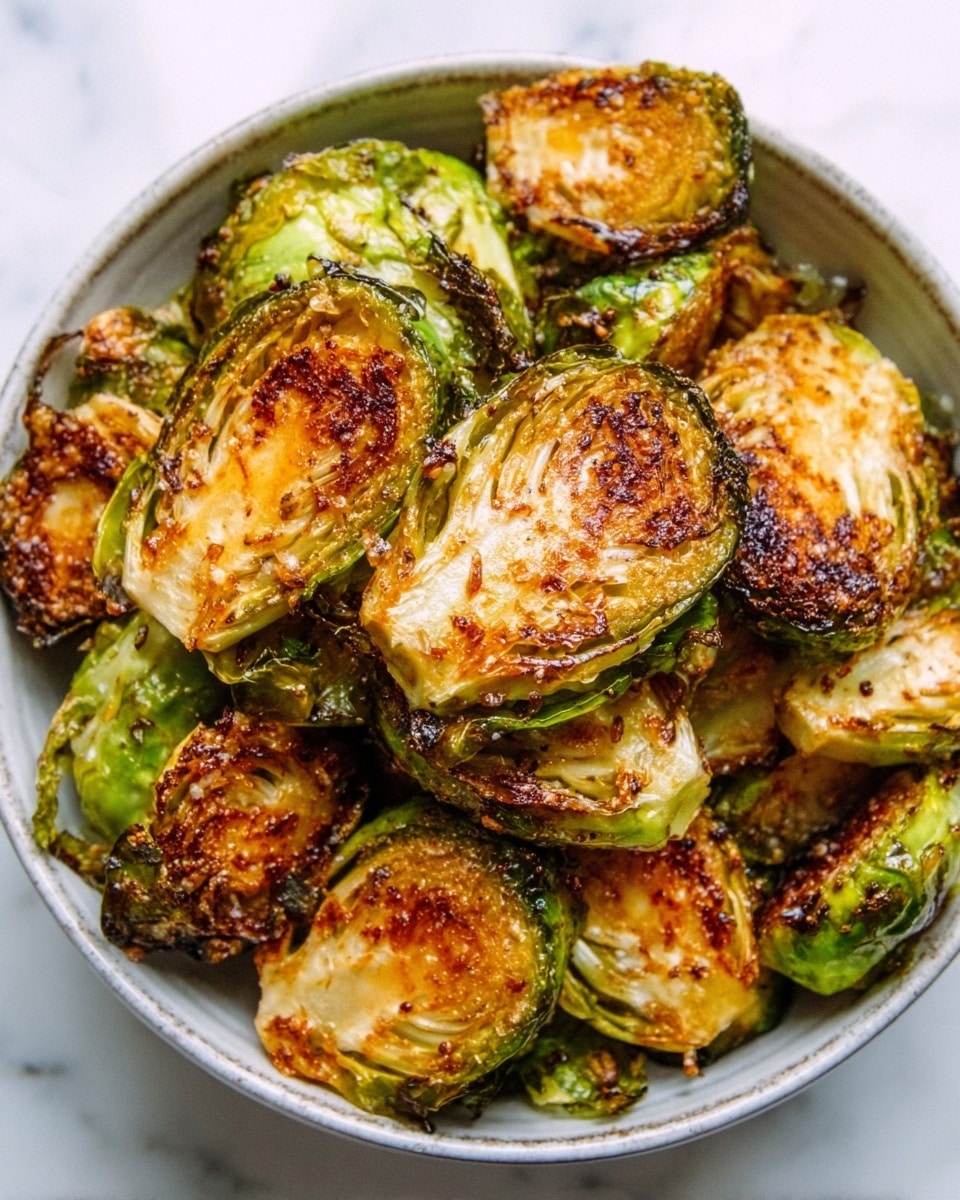 The image shows a white bowl filled with roasted Brussels sprouts cut in half, each piece having a crispy, golden-brown outer layer with some dark caramelized spots. The Brussels sprouts are tightly packed, showing a mix of green and browned textured surfaces, indicating a roasted and slightly crunchy texture. The background is a white marbled texture. photo taken with an iphone --ar 4:5 --v 7