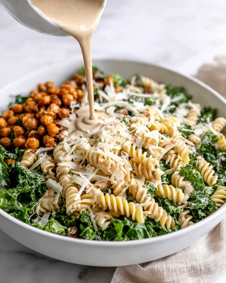 A white bowl filled with a fresh pasta salad that has three main layers. The bottom layer is green kale leaves, chopped finely and mixed in. The middle layer consists of light beige spiral rotini pasta, scattered evenly throughout. The top layer shows golden brown roasted chickpeas and thin shavings of white or pale yellow cheese scattered on top. In the center, a creamy, beige sauce is being poured over the salad. The bowl sits on a white marbled surface with a beige cloth napkin nearby. photo taken with an iphone --ar 4:5 --v 7