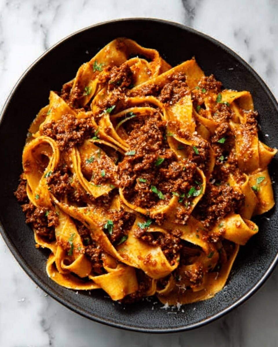 The image shows a dark bowl filled with wide, flat pasta ribbons mixed with a rich brown meat sauce. The pasta is a warm golden-orange color with a smooth, slightly curled texture, layered evenly throughout the dish. The meat sauce is chunky and thick, covering much of the pasta and adding a coarse texture. Small green herb pieces are sprinkled on top, adding a fresh contrast to the warm tones of the pasta and sauce. The white marbled surface underneath softly reflects light, highlighting the dish’s colors and textures. photo taken with an iphone --ar 4:5 --v 7