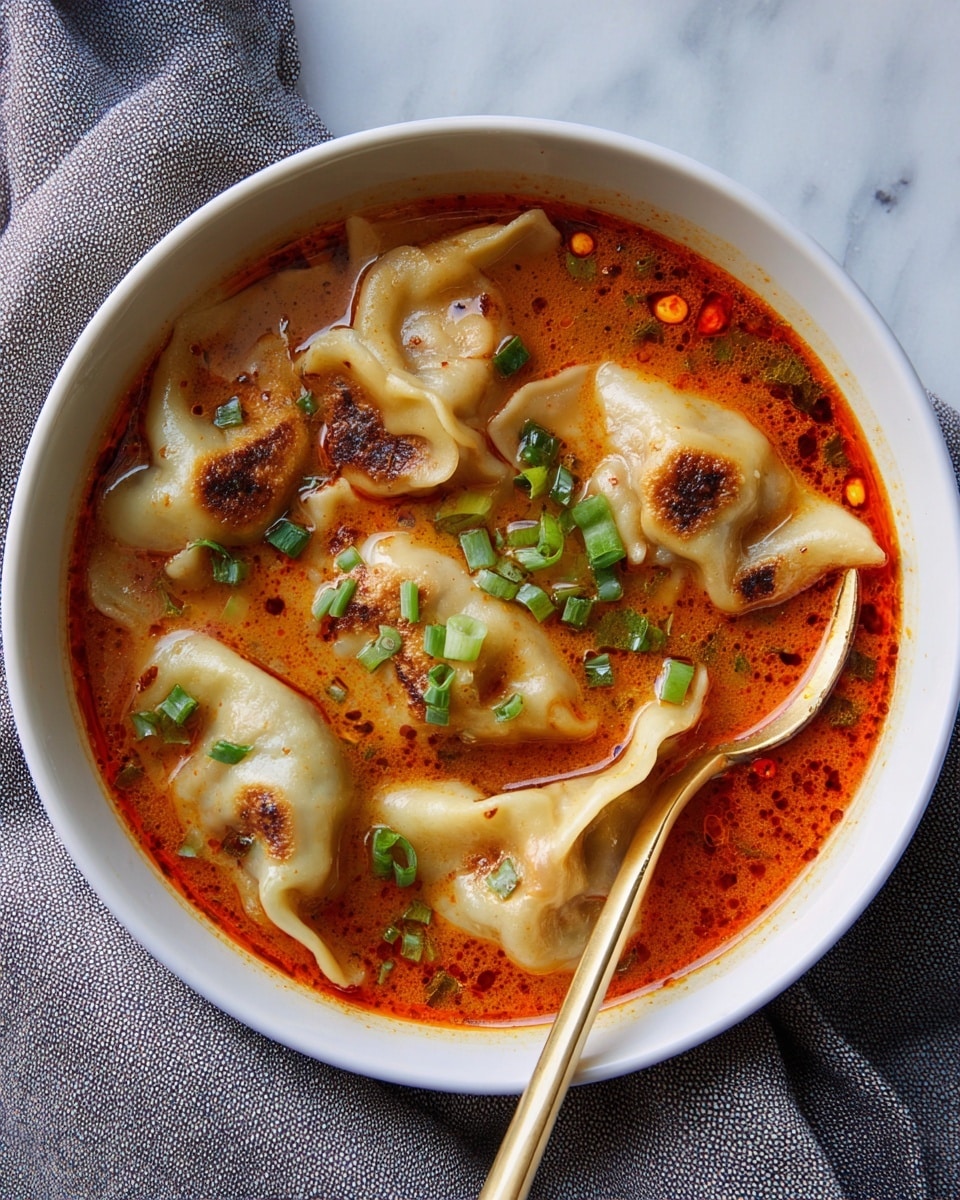 A white bowl filled with five large dumplings floating in bright orange, oily soup, with visible chili oil and red spices. The dumplings are light beige with wrinkles and some browned spots. Scattered on top are small, chopped green onions adding fresh green color. A gold spoon rests inside the bowl on the right side. The bowl is placed on a soft gray cloth over a white marbled surface. photo taken with an iphone --ar 4:5 --v 7