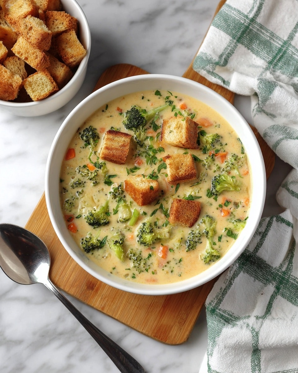 A white bowl filled with creamy broccoli soup that has visible pieces of green broccoli and small orange carrot slices scattered throughout. On top, there is a layer of golden brown croutons garnished with small bits of green herbs. The bowl sits on a wooden board placed on a white marbled surface. Next to the bowl is a small white bowl filled with more croutons, a silver spoon, and a white cloth with green checkered lines casually draped nearby. photo taken with an iphone --ar 4:5 --v 7