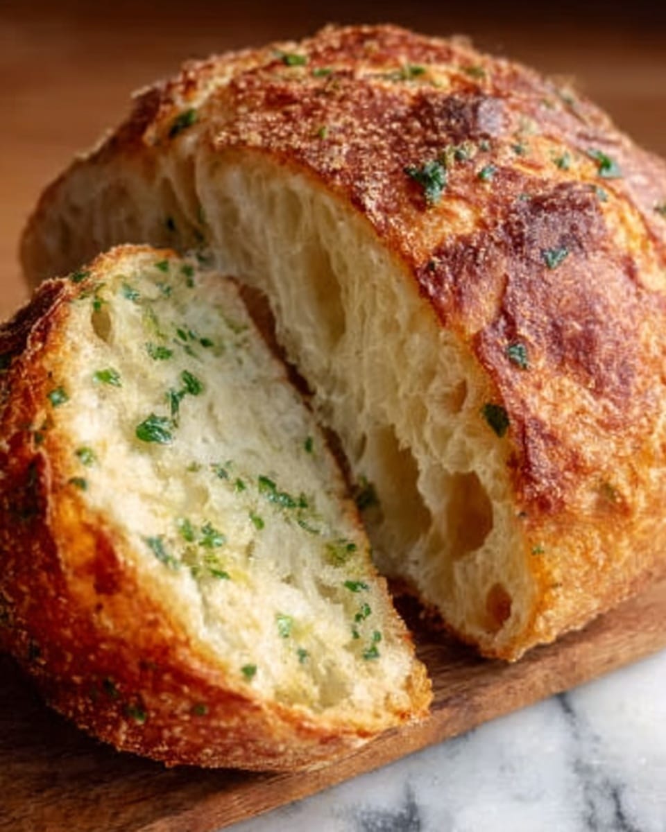 The image shows a round bread loaf cut in half, placed on a wooden surface. The outer crust is golden brown with a slightly rough texture and sprinkled with green herbs. The inside is soft and fluffy with a light cream color and visible air pockets. The bread looks fresh and rustic with a crispy crust and tender inside. Photo taken with an iphone --ar 4:5 --v 7