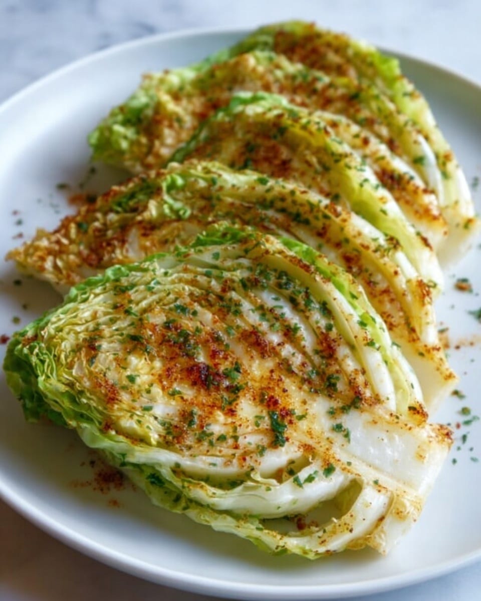 A white plate holds several thick slices of grilled cabbage arranged in a fan shape. Each cabbage slice shows layers starting with a light green center that gradually fades to white near the outer edges. The grilled cabbage has a slightly crispy texture with golden brown and light char marks, sprinkled with green herbs and fine red spices on top. The plate sits on a white marbled surface. Photo taken with an iphone --ar 4:5 --v 7