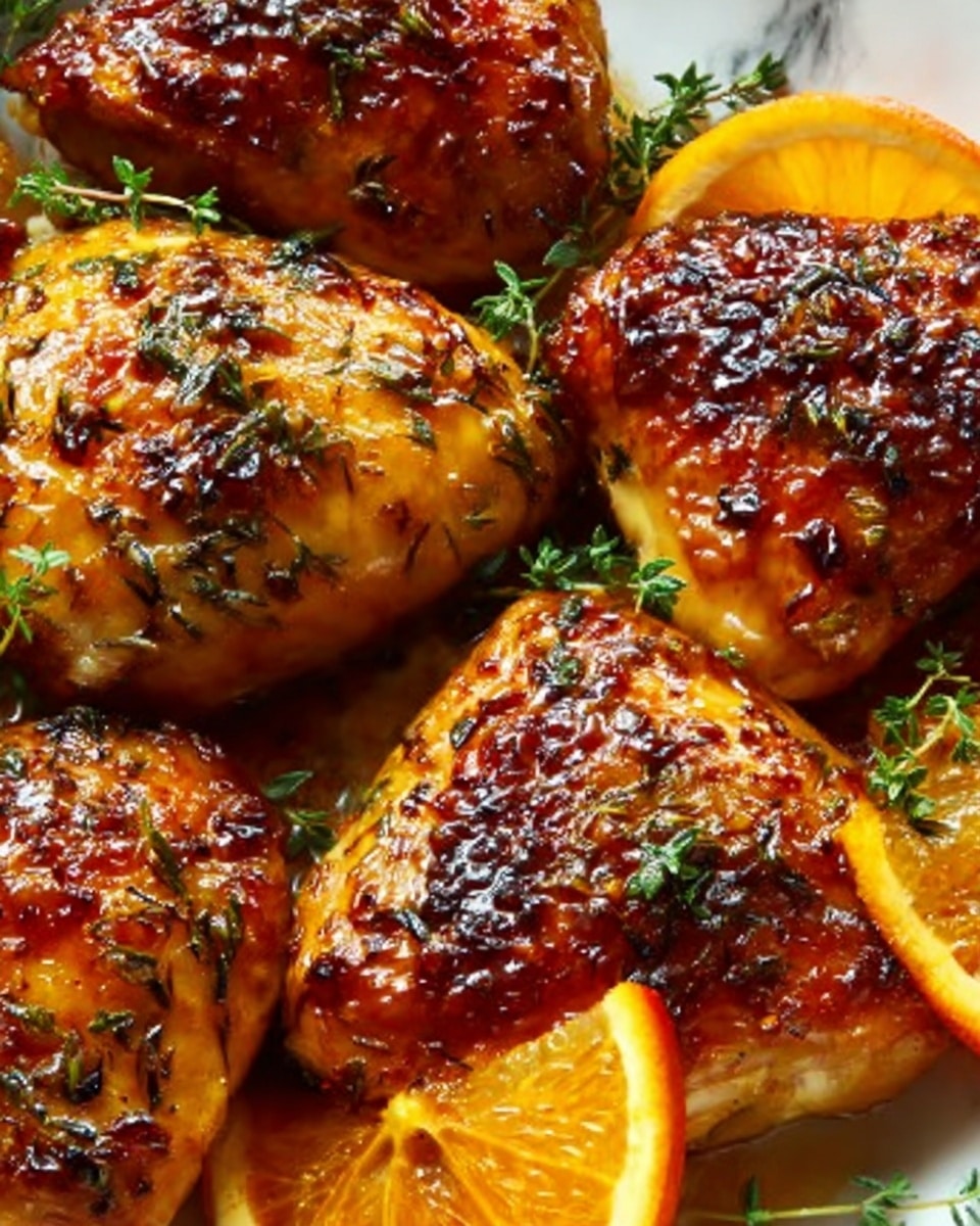 The image shows close-up glazed roasted chicken pieces with a shiny, golden-brown crust. There are fresh green thyme sprigs scattered on top, and bright orange slices placed on and around the chicken, adding a pop of color. The crispy skin of the chicken has a slightly textured look with caramelized spots. The background features a white marbled texture. photo taken with an iphone --ar 4:5 --v 7