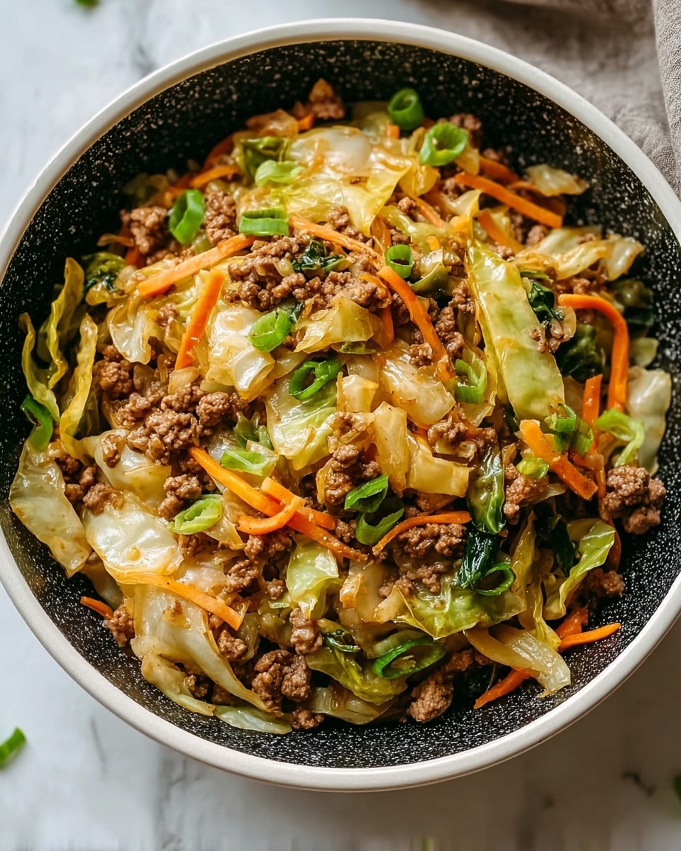 The image shows a bowl filled with a stir-fry dish that has several layers mixed together. The base layer has cooked ground meat that is brown and crumbly. Mixed in this layer are pieces of cooked cabbage that are light green and slightly wilted with translucent edges. There are thin strips of bright orange carrots scattered throughout, adding a vibrant color contrast. Small pieces of chopped green onions are spread on top, along with a few sesame seeds. The bowl is white with a speckled black inner surface, sitting on a white marbled textured background. photo taken with an iphone --ar 4:5 --v 7