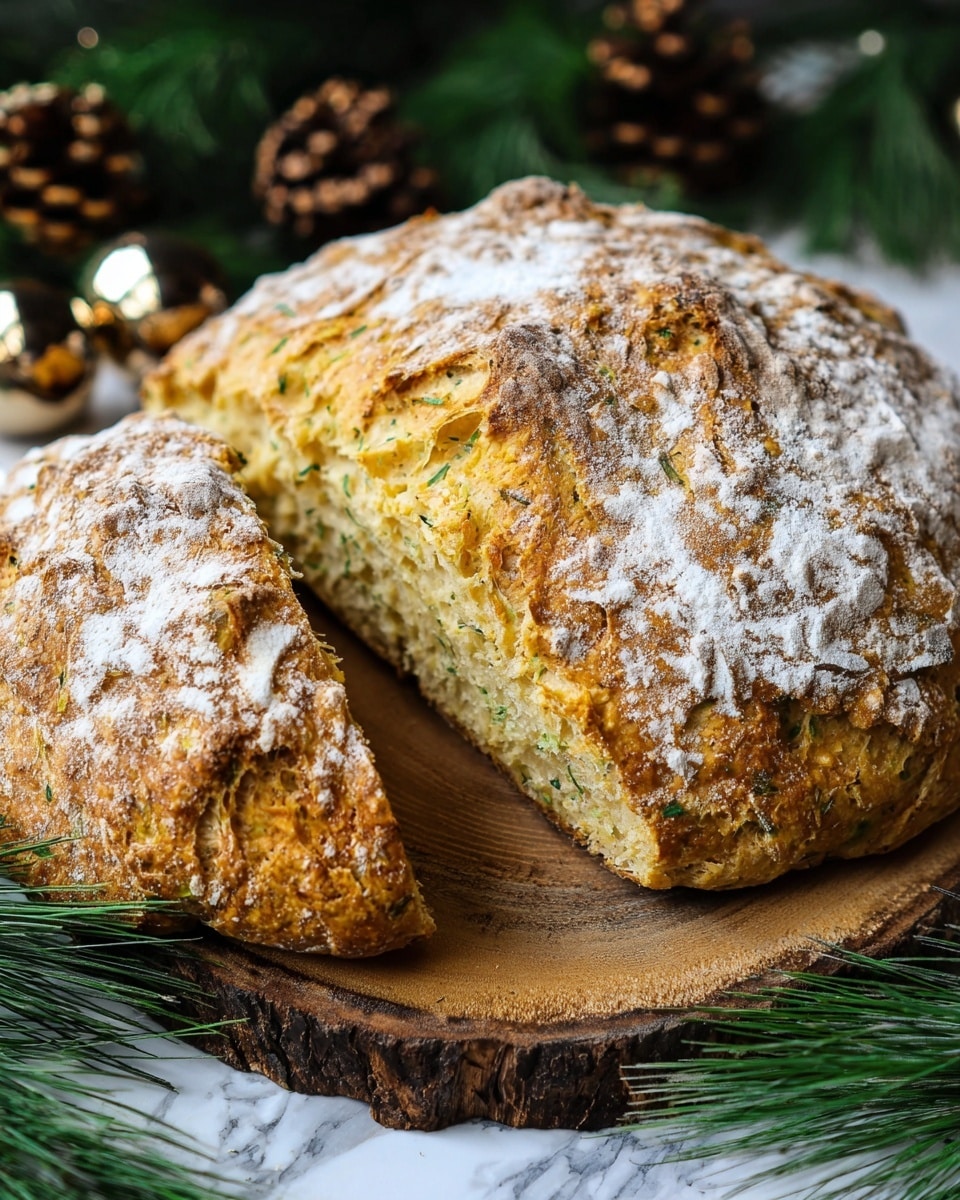 The image shows a rustic loaf of bread with a rough, uneven crust dusted with white flour. The bread has a golden-brown color with lighter yellow and green specks from herbs mixed inside. The crust is thick and cracked in places, revealing a chewy, soft interior with small air bubbles. The loaf sits on a natural wooden board, surrounded by green pine branches and brown pinecones, all set against a white marbled background. photo taken with an iphone --ar 4:5 --v 7