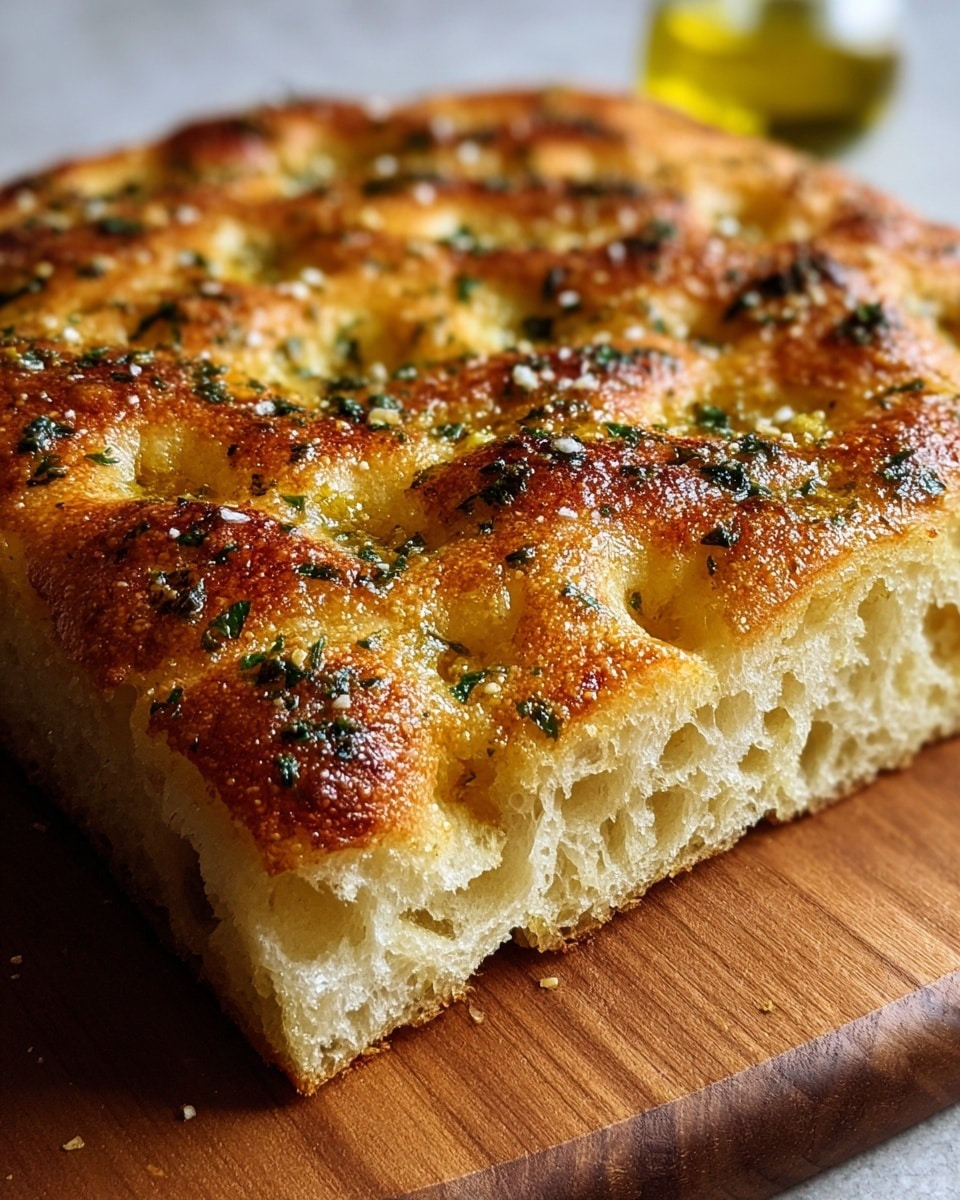 The image shows a square focaccia bread with a golden-brown crust that looks crispy and slightly shiny. The top layer has small dimples filled with olive oil and is sprinkled with green herbs and grated cheese. The inside is soft and airy with many small air pockets visible, and the bread is placed on a wooden board. The overall texture and color contrast between the crust and the inside make it look fresh and warm. Photo taken with an iphone --ar 4:5 --v 7