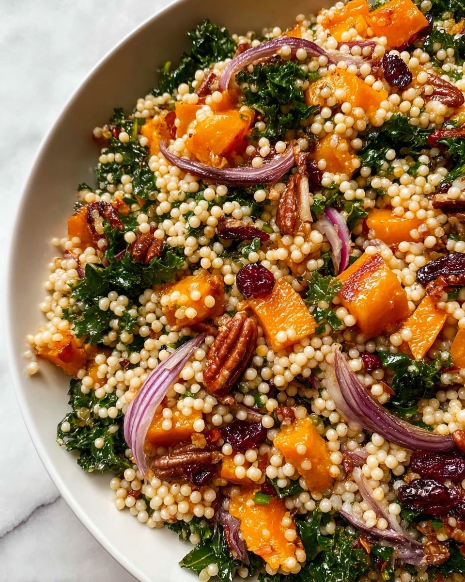 The image shows a close-up of a white bowl filled with a colorful couscous salad layered with small, round, pale pearls of couscous spread everywhere. Mixed in are bright orange roasted butternut squash pieces, dark green leafy kale, thin slices of light purple red onions, and dark red dried cranberries. There are also some small brown pecan halves scattered throughout, adding texture. The dish looks fresh and vibrant with a shiny, slightly oily coating on the ingredients. The bowl sits on a white marbled surface. Photo taken with an iphone --ar 4:5 --v 7