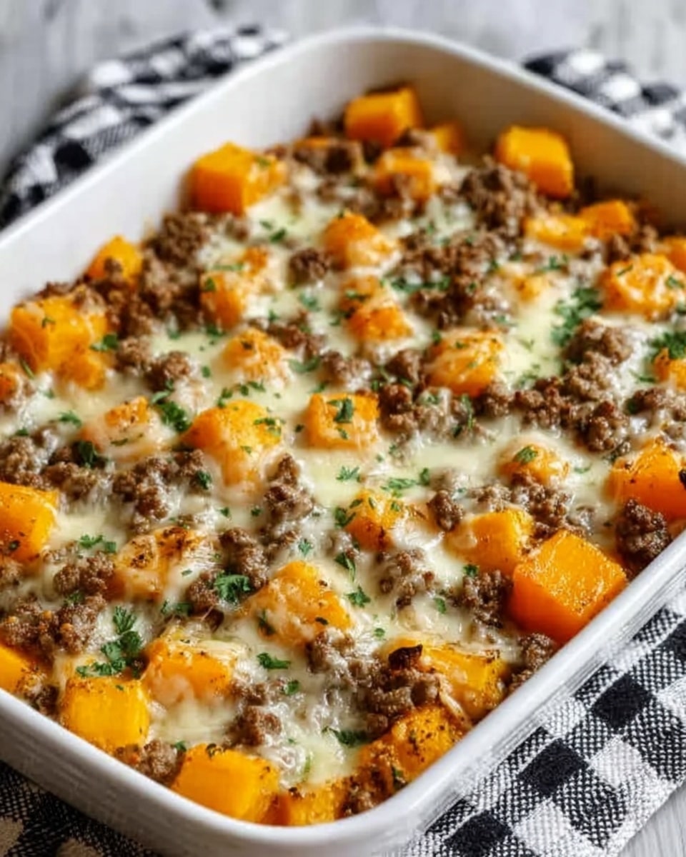 A white baking dish filled with a layered casserole featuring chunks of bright orange butternut squash evenly distributed throughout. The dish is topped with melted, creamy white cheese covering the surface, with cooked small brown ground meat scattered on top, adding texture and color contrast. Bits of green herbs are lightly sprinkled over the casserole, giving a fresh touch. The background is a white marbled surface, and a black-and-white checkered cloth is partially visible under the dish. Photo taken with an iphone --ar 4:5 --v 7