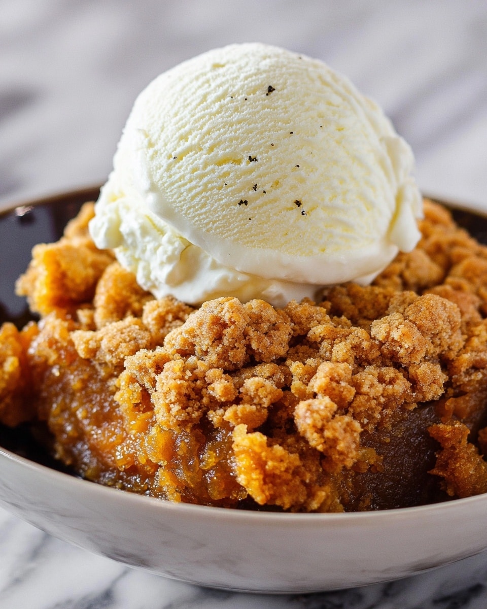The image shows a close-up of a dessert served in a white bowl. The bottom layer consists of a moist, crumbly pie filling with a golden brown and orange color, topped with a crumbly, slightly darker brown streusel layer that has a rough, crunchy texture. On top of this, there is a single scoop of vanilla ice cream that is smooth and creamy, bright white with small black vanilla bean specks spread evenly. The background has a soft focus with a white marbled texture surface. photo taken with an iphone --ar 4:5 --v 7