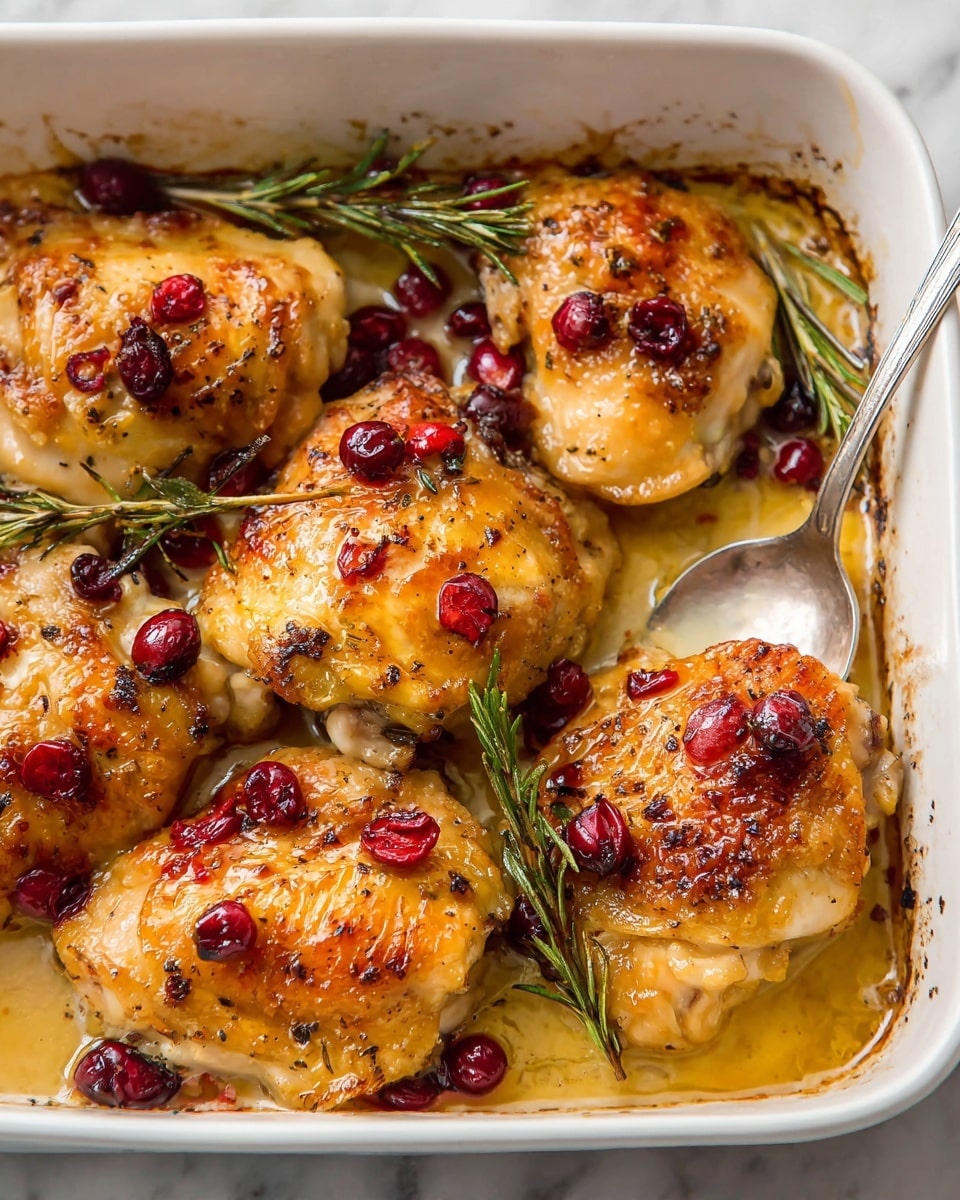 The image shows a white baking dish filled with six golden-brown roasted chicken thighs, each topped with small red cranberries and a few sprigs of green rosemary. The chicken skin is crispy with slightly charred spots, glistening in a light sauce that pools at the bottom of the dish. A silver spoon rests in the dish, partially submerged in the sauce near the top right corner. The dish sits on a white marbled surface photo taken with an iphone --ar 4:5 --v 7