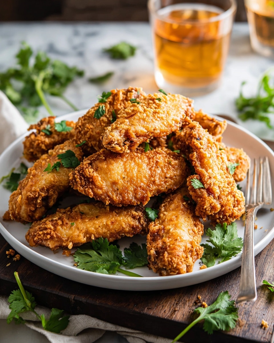 A white plate is full of crispy fried chicken wings stacked in around two layers, each wing showing a golden-brown crunchy texture with small crispy bits. There are fresh green cilantro leaves placed between the wings and on the edges of the plate. The plate sits on a dark wooden board over a white marbled surface. Around the plate, there are scattered sprigs of cilantro, a glass of light amber drink on the right, and a metal fork placed near the edge of the plate. photo taken with an iphone --ar 4:5 --v 7