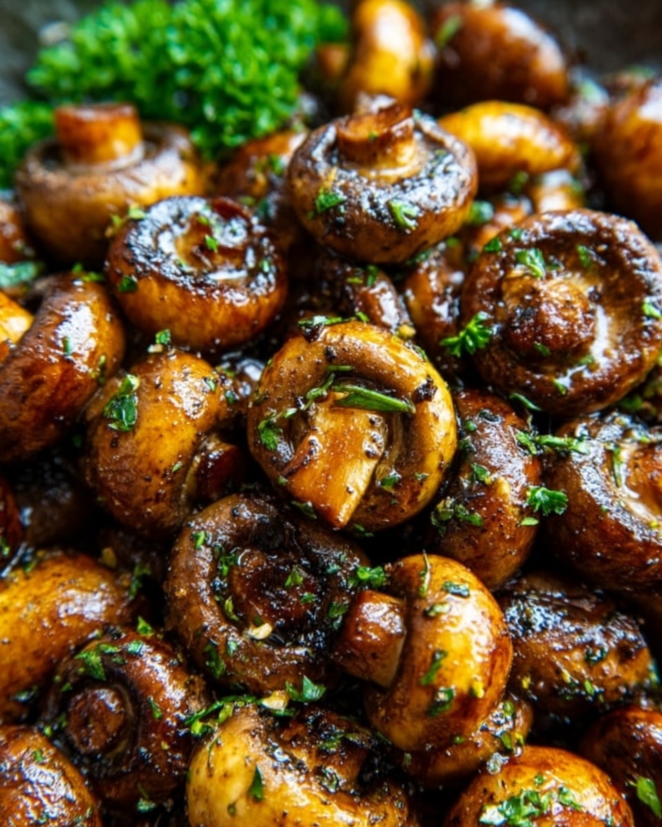 The image shows a close-up of cooked whole and halved mushrooms with a shiny, golden-brown color from being sautéed. The mushrooms have a slightly crispy texture with visible sprinkled green herbs on top. The surface underneath is a white marbled texture, creating a clean and bright background. The mushrooms look juicy and well-seasoned, filling the entire frame with no other items visible. Photo taken with an iphone --ar 4:5 --v 7