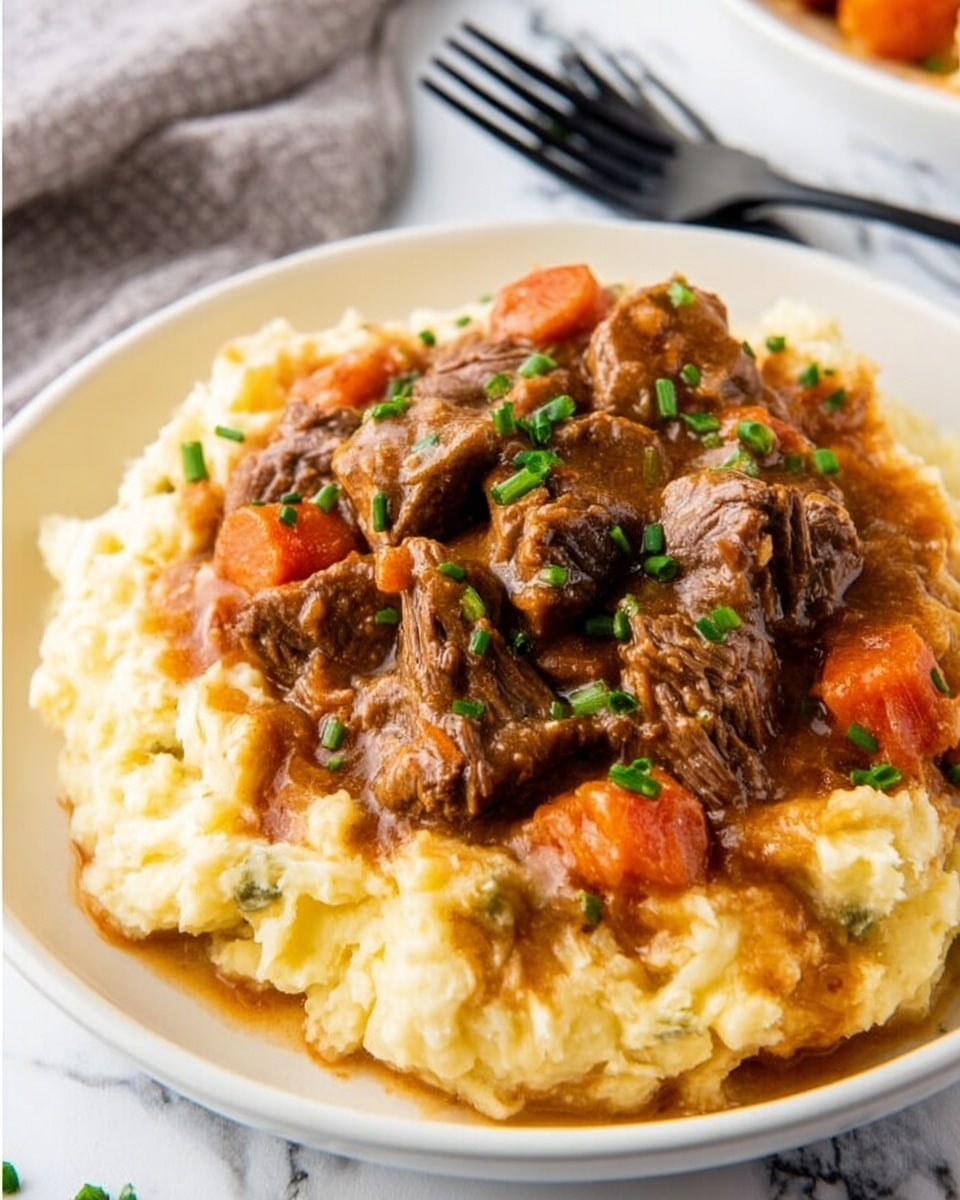 On a white plate, there is a thick layer of creamy mashed potatoes with small green herb pieces mixed inside, giving it texture and color. On top of the mashed potatoes, there is a generous serving of stewed beef chunks covered in a rich, slightly glossy brown gravy mixed with soft orange carrot pieces. Small chopped green chives are sprinkled evenly over the beef and potatoes for a fresh touch. The dish sits on a white marbled surface with a black fork placed nearby. Photo taken with an iphone --ar 4:5 --v 7