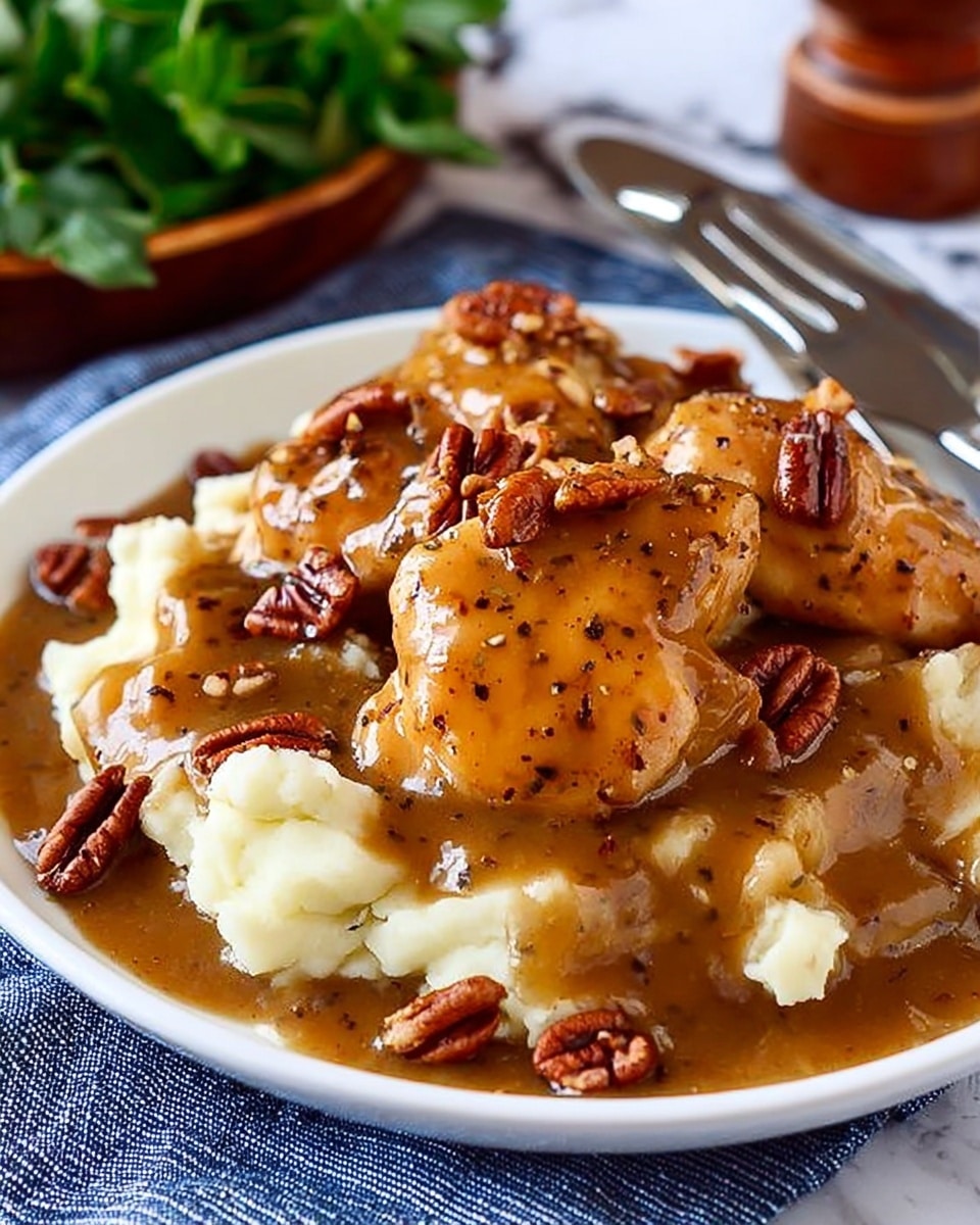 The image shows a white plate with a layer of creamy white mashed potatoes at the bottom, topped by three pieces of brown glazed chicken covered in thick, glossy brown gravy with visible black pepper specks. Small chopped pecan pieces are scattered on top of the gravy. In the background, there is some green leafy garnish. The plate sits on a blue-striped cloth over a white marbled surface, with a metal fork and a woman's hand holding a knife nearby. Photo taken with an iphone --ar 4:5 --v 7