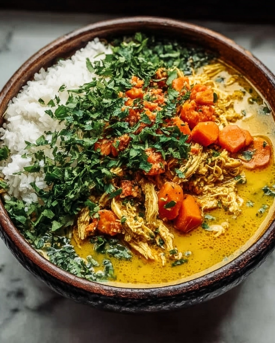 The image shows a round bowl filled with a colorful dish placed on a white marbled surface. Inside the bowl, there is a base layer of white rice on the left side, followed by a thick yellow curry broth covering most of the right side. On top of the curry broth, there are pieces of shredded chicken and chunks of orange carrots scattered unevenly. Fresh green chopped herbs are sprinkled over the rice and chicken, adding texture and color contrast. The bowl's dark rim adds a rustic touch to the presentation. Photo taken with an iphone --ar 4:5 --v 7