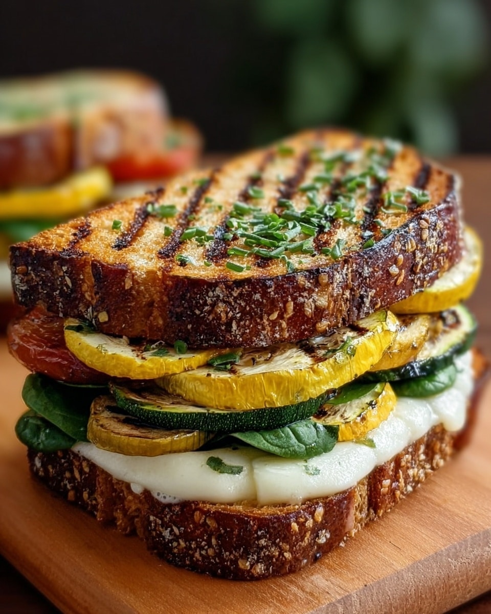 A grilled sandwich made with two slices of brown, seeded bread that have visible grill marks and a sprinkle of chopped green herbs on top. The sandwich has three visible layers: a white, melted cheese layer spread evenly on the bottom bread slice, topped by slices of grilled yellow and green zucchini, followed by dark green spinach leaves beneath the vegetables. The sandwich is placed on a wooden board with a blurred background. Photo taken with an iphone --ar 4:5 --v 7
