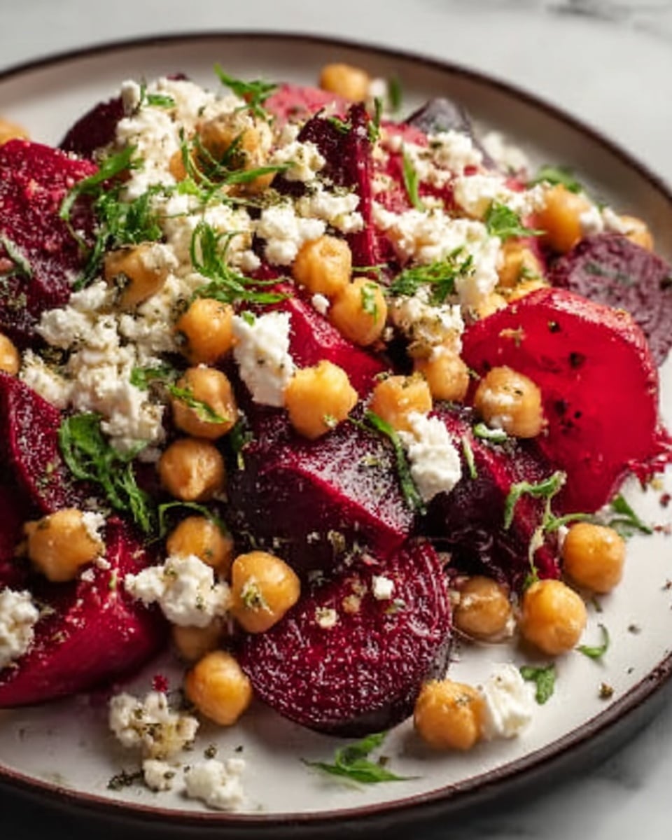 A close-up of a white plate with a colorful salad made of deep red beet slices and whole golden chickpeas scattered throughout. On top, there are crumbles of soft white cheese and small green herbs spread evenly for a fresh look. The beet slices have a smooth texture, and the chickpeas add a round, textured contrast. The background is a white marbled surface. photo taken with an iphone --ar 4:5 --v 7