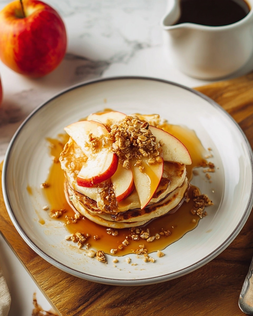 A stack of three golden-brown pancakes sits in the center of a white plate with a thin gray rim. Between each pancake layer, there are thin apple slices with red edges and a few granola pieces. On top, a round apple slice is placed flat, covered by a generous drizzle of amber syrup and sprinkled with crunchy granola bits. The syrup also pools around the base of the pancake stack, adding shine and warmth to the dish. The plate is set on a white marbled surface. photo taken with an iphone --ar 4:5 --v 7