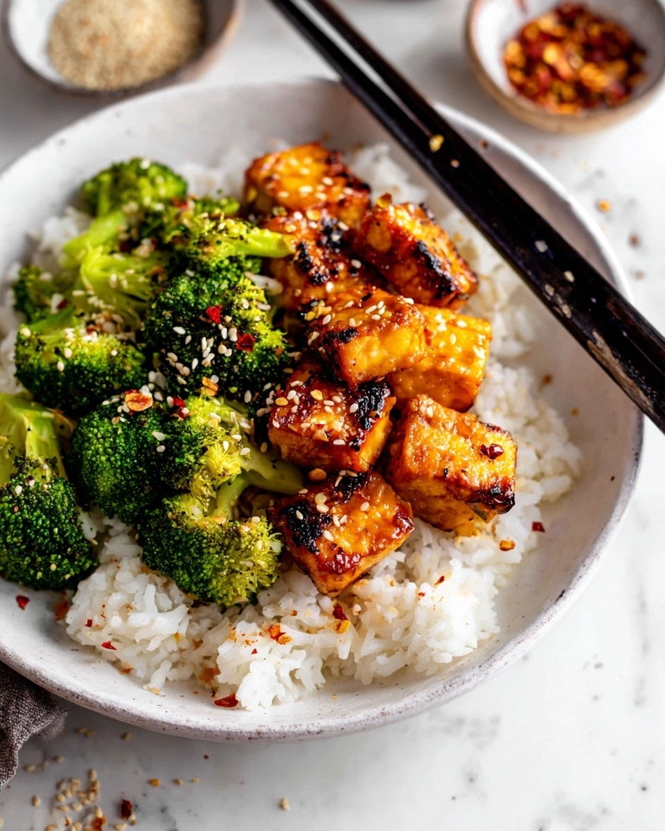 A white bowl holds a bed of fluffy white rice as the bottom layer, topped with bright green broccoli florets positioned mostly on one side, and shiny, glazed golden-brown tofu cubes scattered over and around the broccoli. The tofu pieces have charred spots and are sprinkled with white sesame seeds and red chili flakes, adding texture and color contrast. Black chopsticks rest on the edge of the bowl, and the background shows a white marbled texture with small bowls of sesame seeds and chili flakes blurred in the top corner. photo taken with an iphone --ar 4:5 --v 7