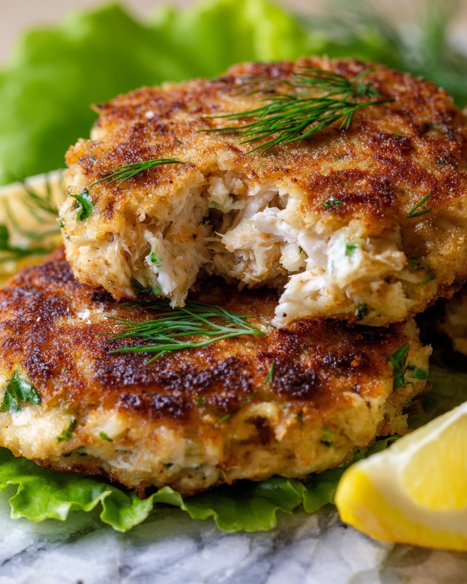 The image shows two golden-brown crab cakes stacked on each other on a bed of green leafy lettuce. The top crab cake has a bite taken out, revealing a moist inside filled with white crab meat and small green herbs. Small green dill sprigs are scattered on top of the crab cakes and nearby. There is a lemon wedge next to the crab cakes on the right side, adding a bright yellow color. The surface underneath has a white marbled texture. The focus is tight on the crab cakes, highlighting their crispy crust and soft inside. Photo taken with an iphone --ar 4:5 --v 7