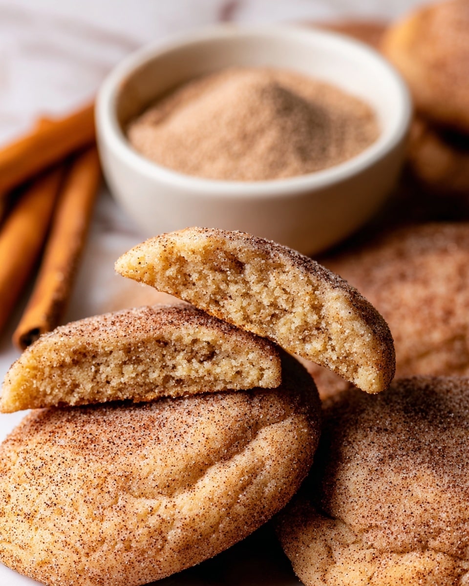 The image shows a close-up of soft cookies coated with a layer of cinnamon sugar, giving them a grainy and slightly rough texture with a warm brown color. One cookie is split in half and stacked on top of another, revealing a soft, crumbly inside with a light golden brown shade and tiny darker specks throughout. In the background, there is a small white bowl filled with fine cinnamon sugar, and two cinnamon sticks leaning next to it, all set against a white marbled texture. The overall scene highlights the cozy, homemade feel of the cookies. photo taken with an iphone --ar 4:5 --v 7