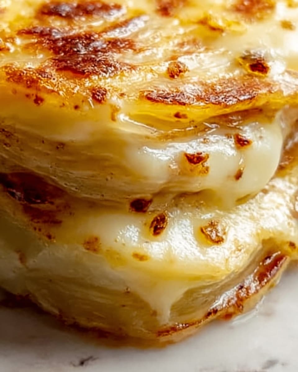 The image shows a close-up of two pieces of food with multiple thin layers, golden brown on the top with melted creamy cheese dripping down the sides. The texture of the layers looks soft but slightly crispy on the edges with some small browned bits scattered on the surface. The light shines on the glossy melted cheese that pools slightly between the layers, making it look rich and delicious. The background is a white marbled texture. Photo taken with an iphone --ar 4:5 --v 7